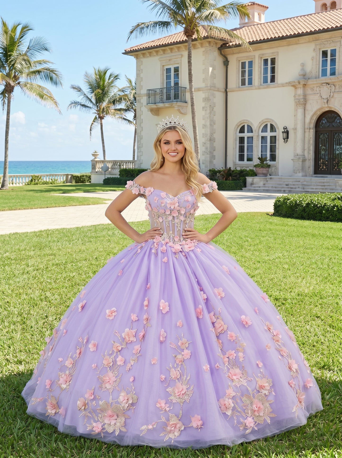 Charming Ball Gown Illusion Neck Quinceañera Dress With 3D Floral & Lace | Sevoba
