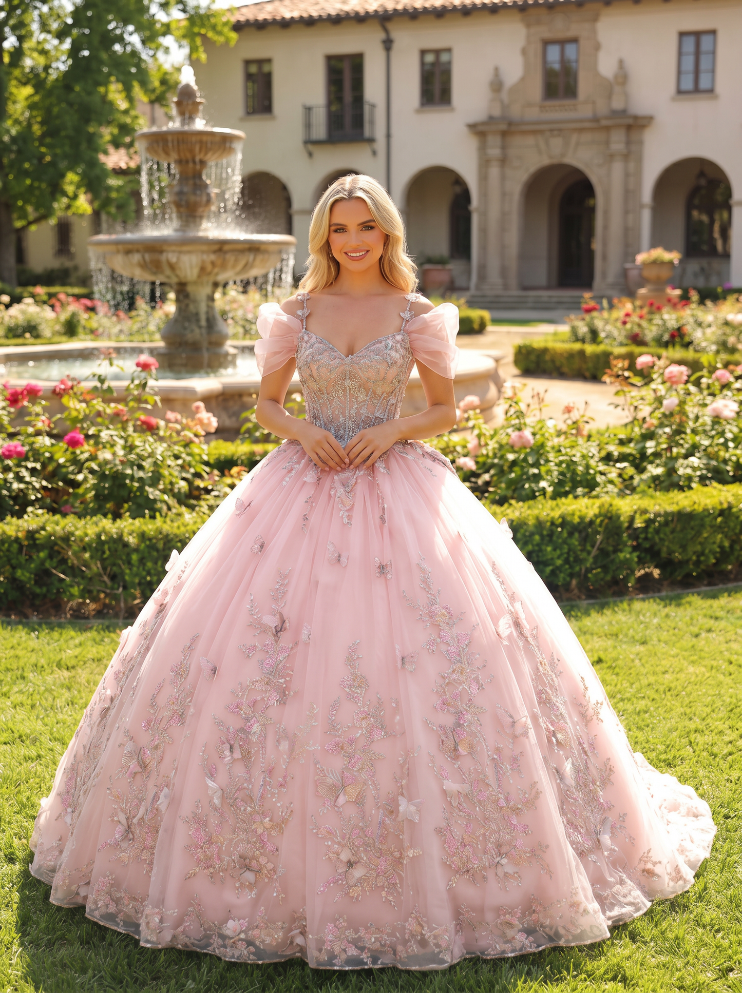Elegant Ball Gown Cold Shoulder Quinceañera Dress With Floral Embroidery and 3D Butterfly | Sevoba