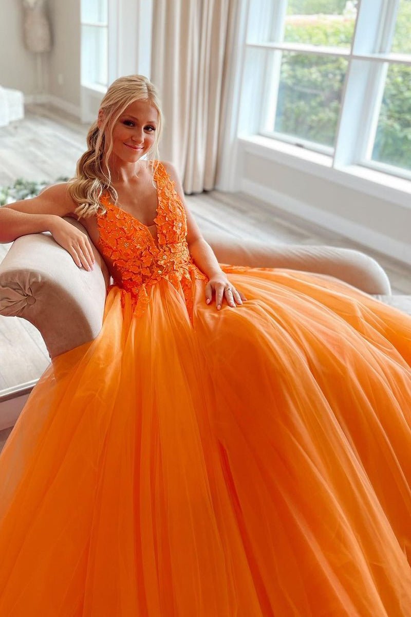 Marigold |A-Line V-Neck Long Tulle Prom Dress with Appliques