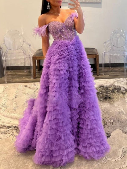 A Line Off the Shoulder Tiered Tulle Prom Dress With Slit