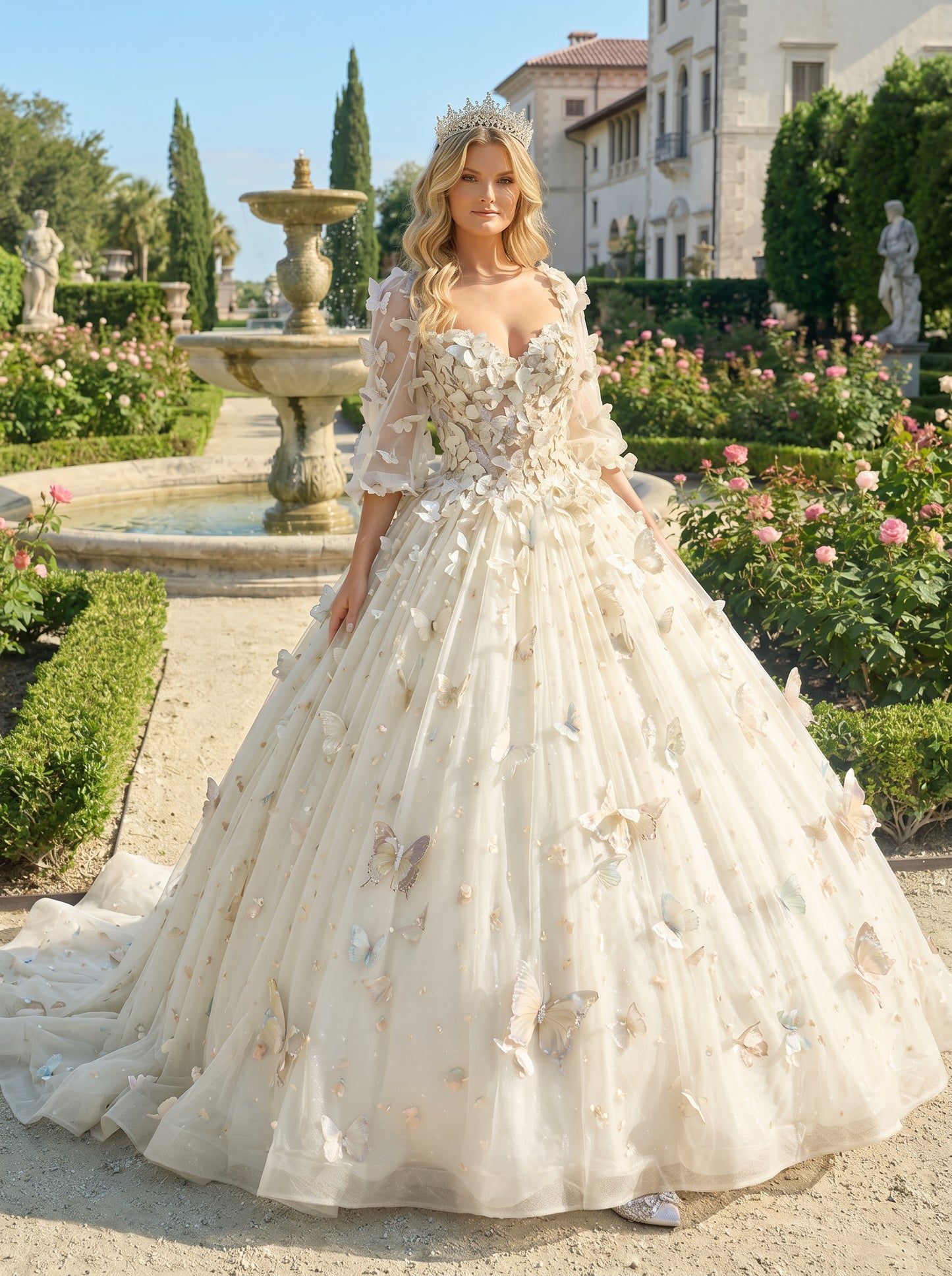 Charming Ball Gown Illusion Long Sleeves Quinceañera Dress With 3D Butterfly | Sevoba