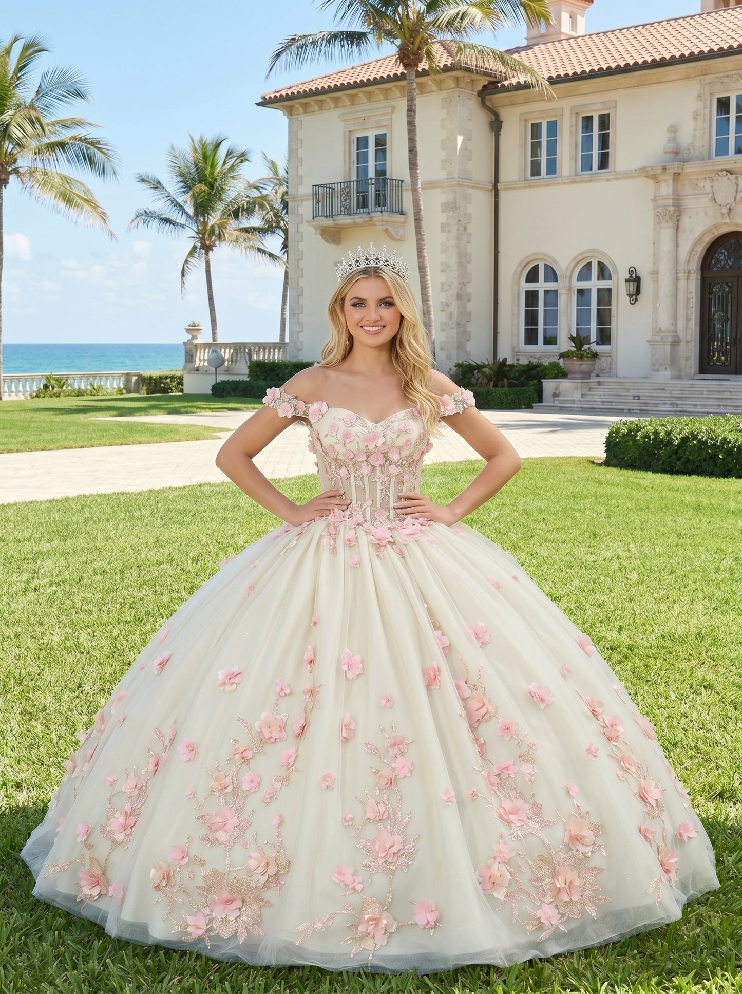 Charming Ball Gown Illusion Neck Quinceañera Dress With 3D Floral & Lace | Sevoba