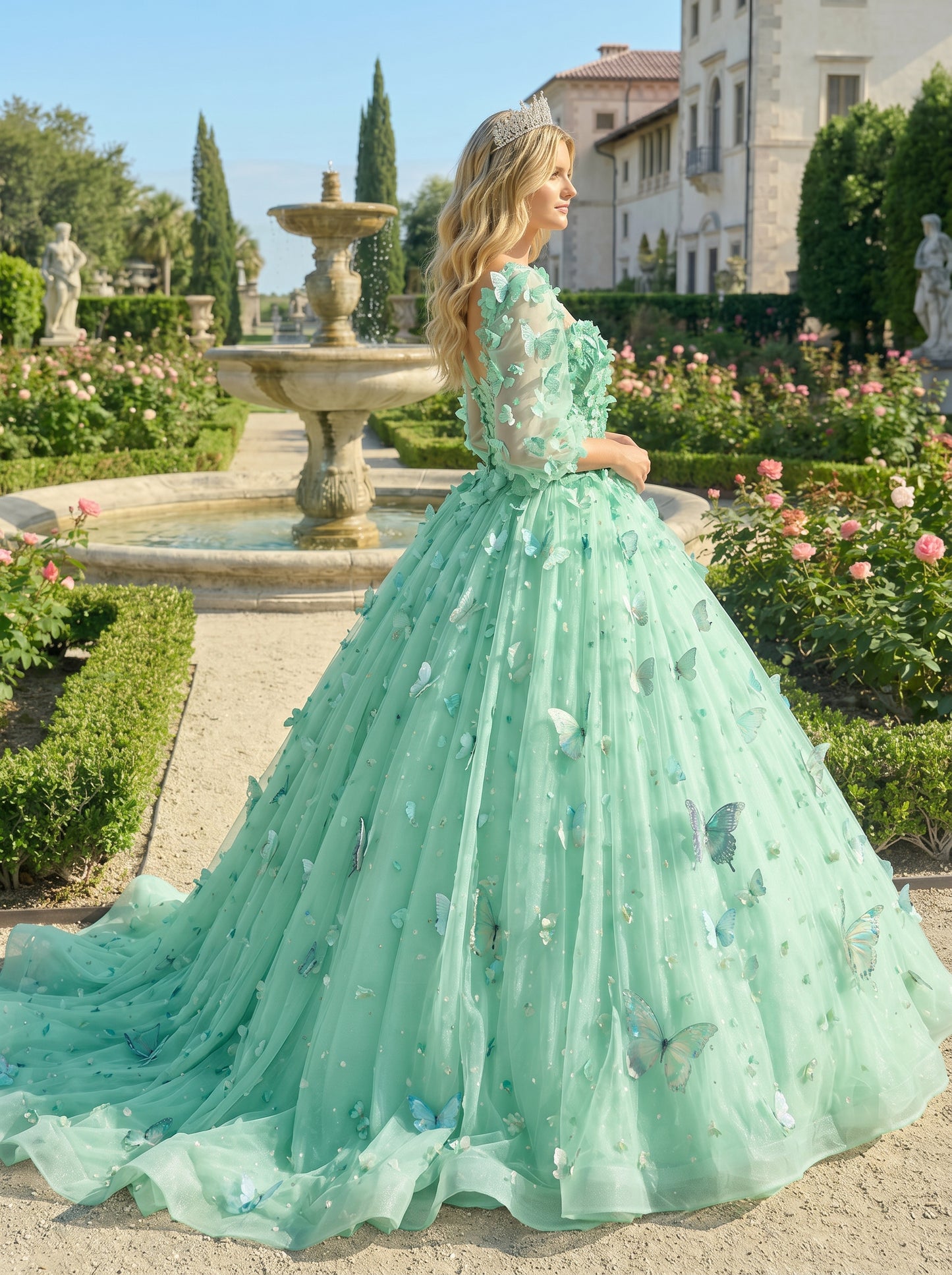 Charming Ball Gown Illusion Long Sleeves Quinceañera Dress With 3D Butterfly | Sevoba