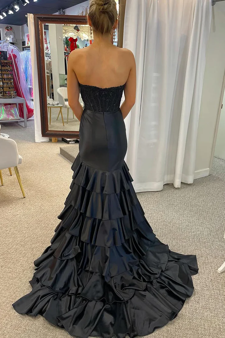 Sevoba|Pink Strapless Scoop Layered Pleated Mermaid Prom Dress with Slit