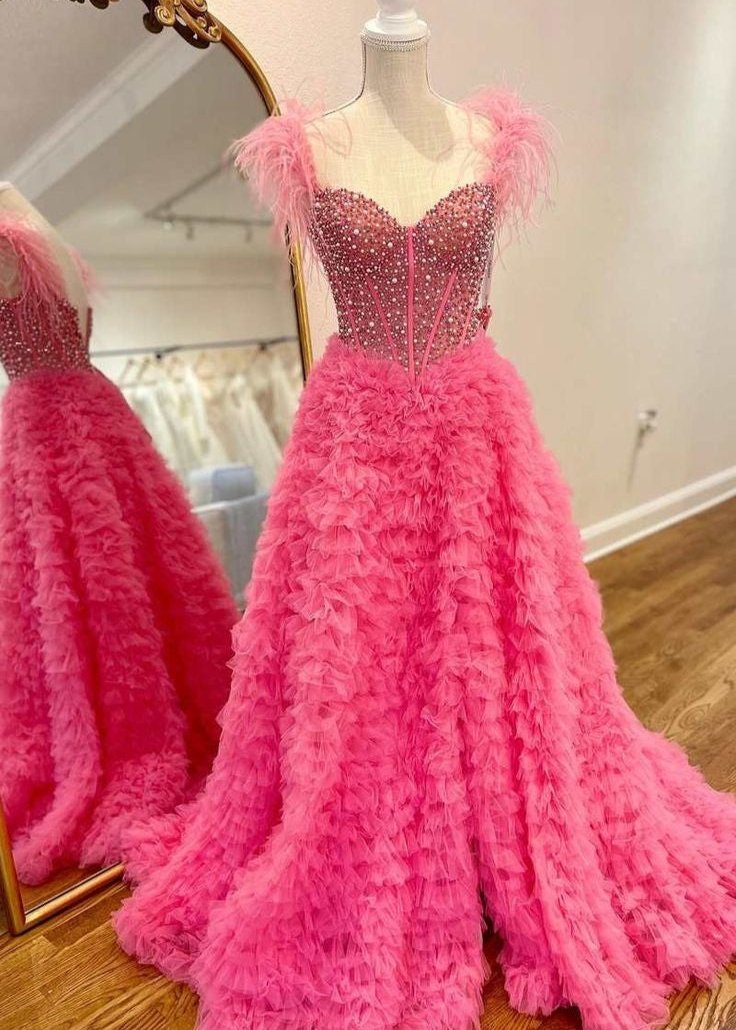 A Line Off the Shoulder Tiered Tulle Prom Dress With Slit