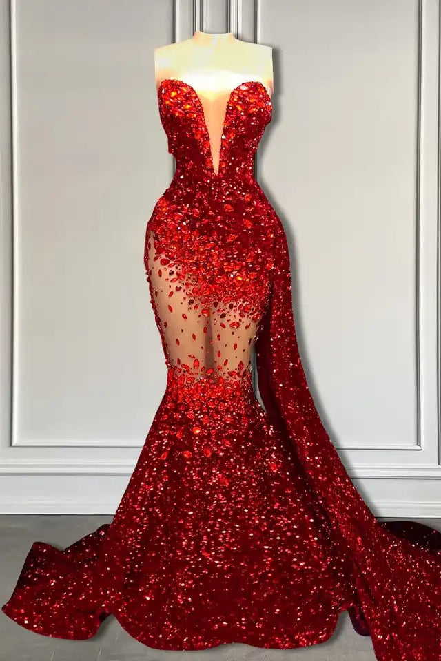 Elegant Red Long Mermaid Style Formal Dresses with Sweetheart Sequins and Ruffle