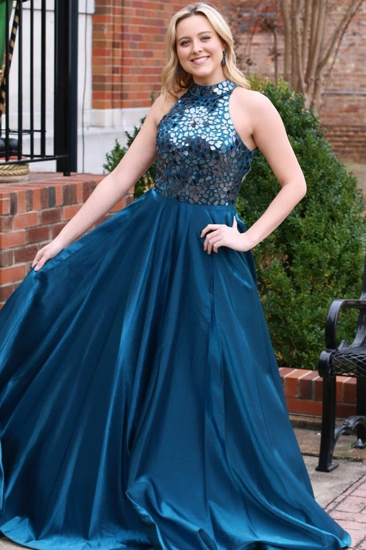 Dalley | Teal Cut Glass Mirror Halter Long Formal Dress