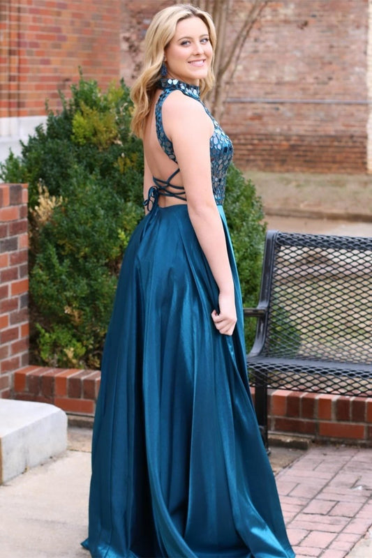 Dalley | Teal Cut Glass Mirror Halter Long Formal Dress
