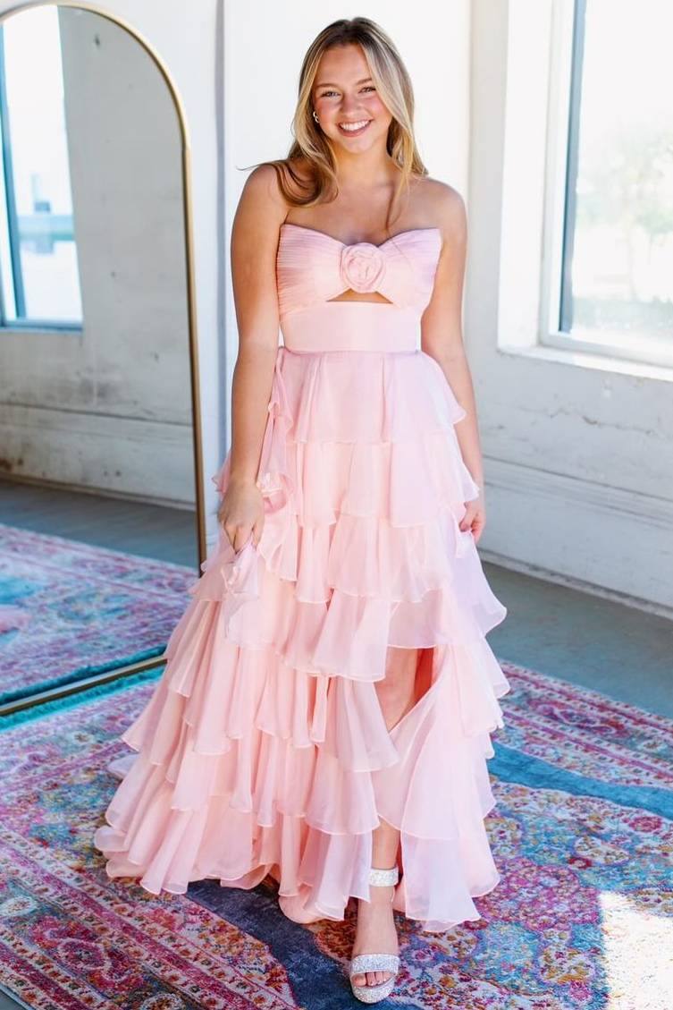 Sevoba|A-Line Strapless V-Neck Layered Chiffon Sleeveless Formal Prom Dress