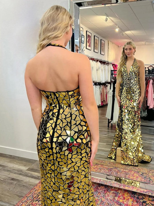 Sparkly Halter Mermaid Sequins Prom Dress With Split