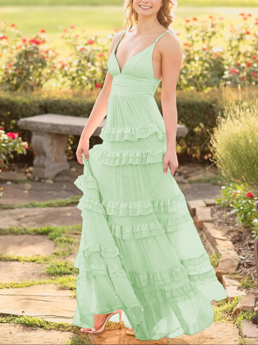 A Line Pink Chiffon Tiered Ruffles Long Prom Dress