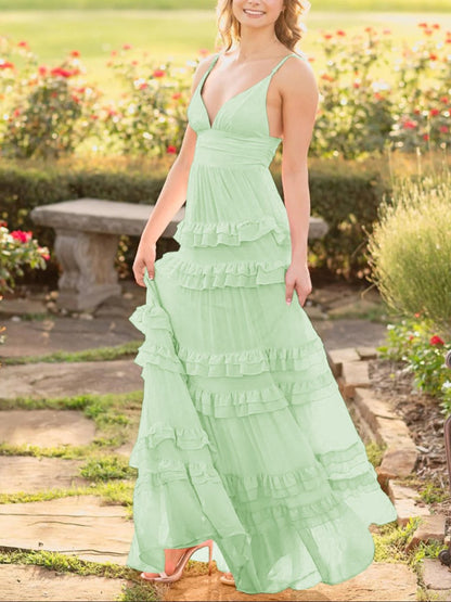 A Line Pink Chiffon Tiered Ruffles Long Prom Dress