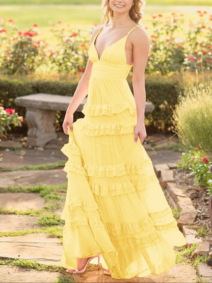 A Line Pink Chiffon Tiered Ruffles Long Prom Dress