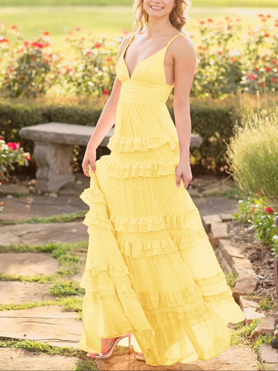 Decebal | A Line Pink Chiffon Tiered Ruffles Long Prom Dress
