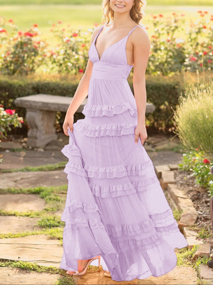 Decebal | A Line Pink Chiffon Tiered Ruffles Long Prom Dress