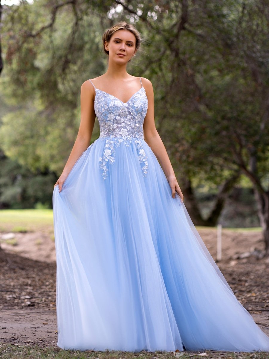 Sevoba|Deep V-Neck Applique Lace Floor Length Tulle Prom Dress
