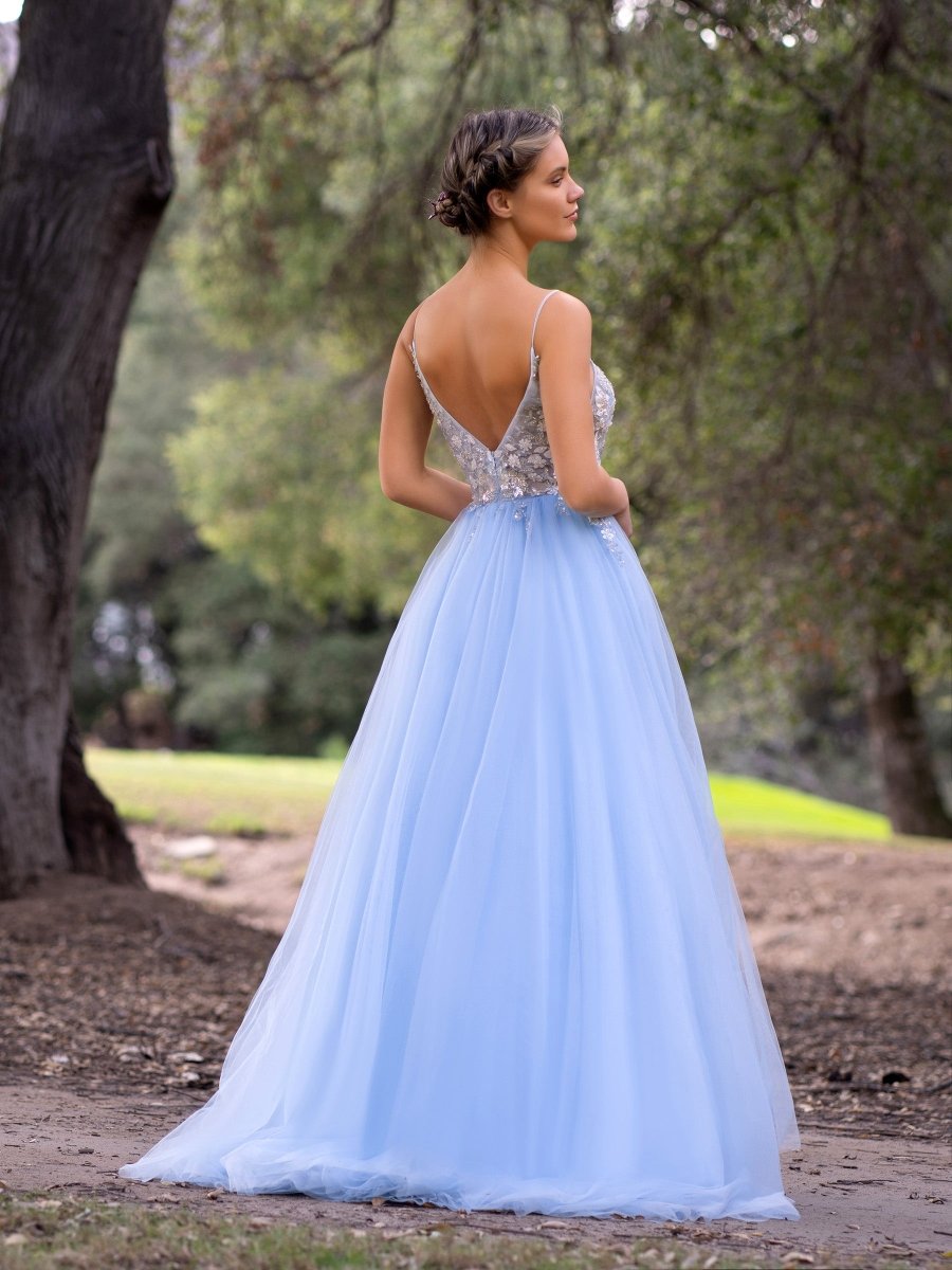 Sevoba|Deep V-Neck Applique Lace Floor Length Tulle Prom Dress