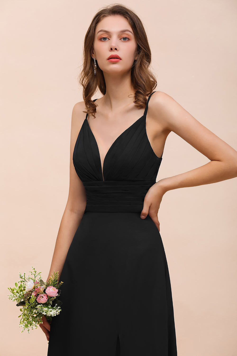 Deep V Neck Spaghetti Straps Slit Long Black Bridesmaid Dresses