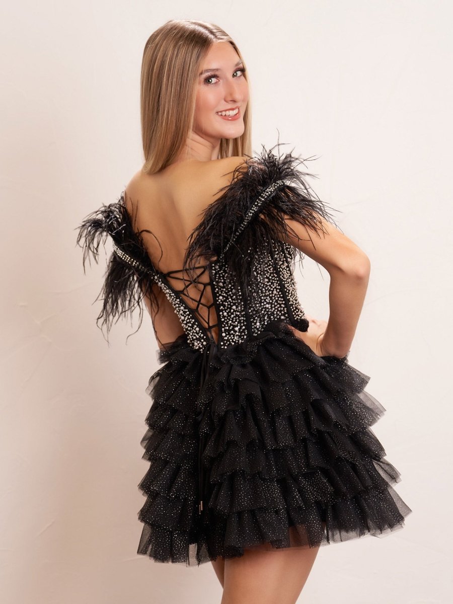 Sevoba|A Line Off the Shoulder Beaded Homecoming Dress with Feathers