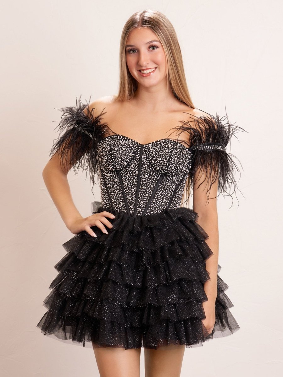 Sevoba|A Line Off the Shoulder Beaded Homecoming Dress with Feathers
