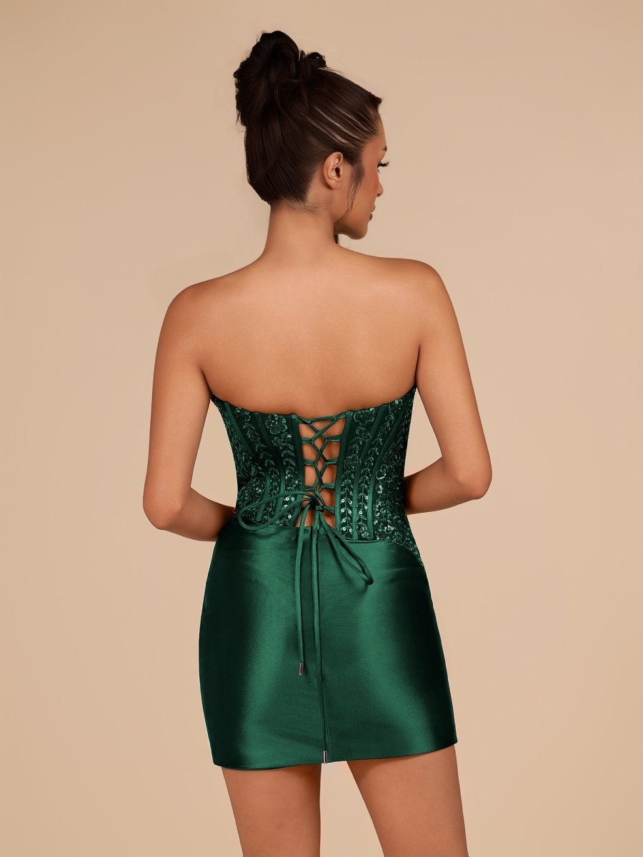 Sevoba|Dark Green - Strapless Bodycon Satin Pleated Short Homecoming Dresses With Beading