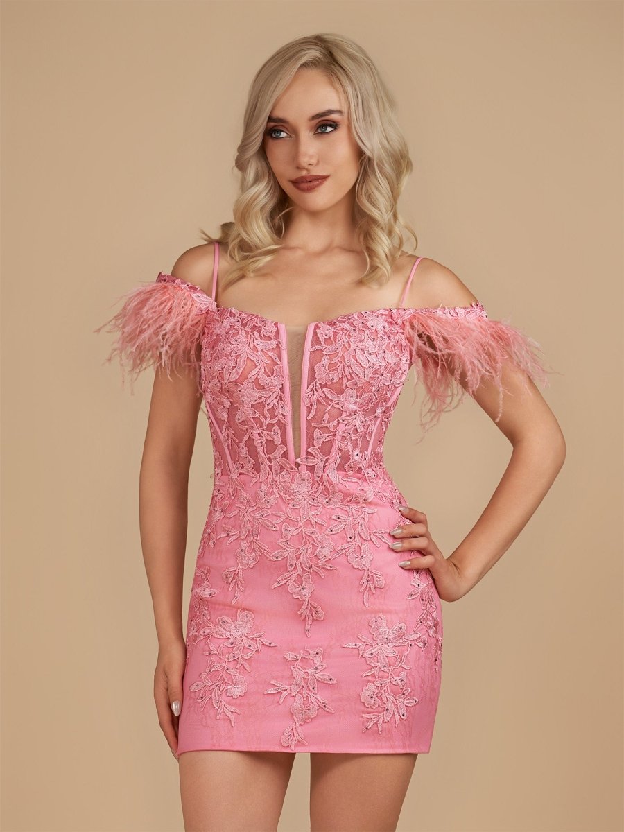 Sevoba|Detachable Off-the-Shoulder Feathers Appliques Sexy Fitted Homecoming Dress
