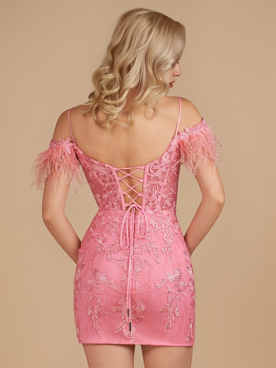 Sevoba|Detachable Off-the-Shoulder Feathers Appliques Sexy Fitted Homecoming Dress
