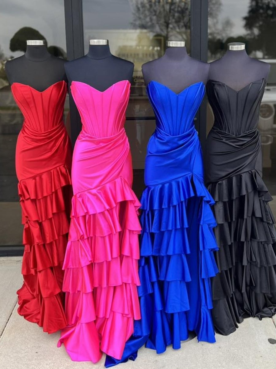 Mermaid Strapless Satin Ruffle Long Prom Dress With Split