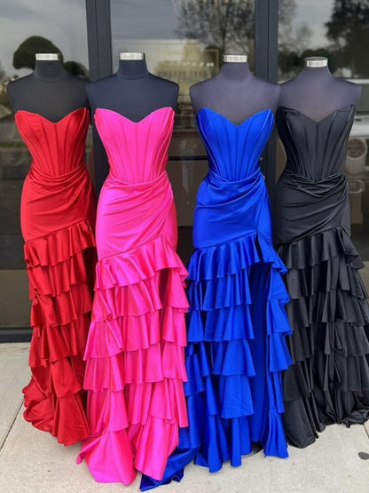 Mermaid Strapless Satin Ruffle Long Prom Dress With Split