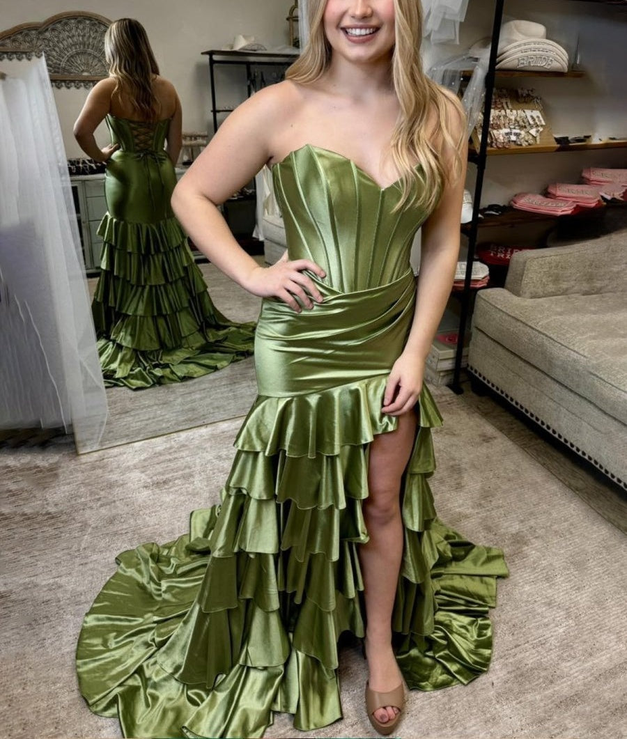 Mermaid Strapless Satin Ruffle Long Prom Dress With Split