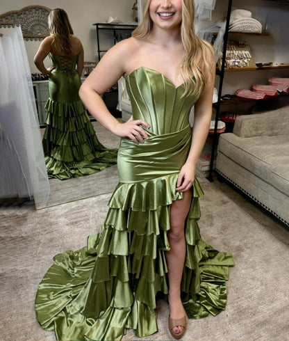 Mermaid Strapless Satin Ruffle Long Prom Dress With Split