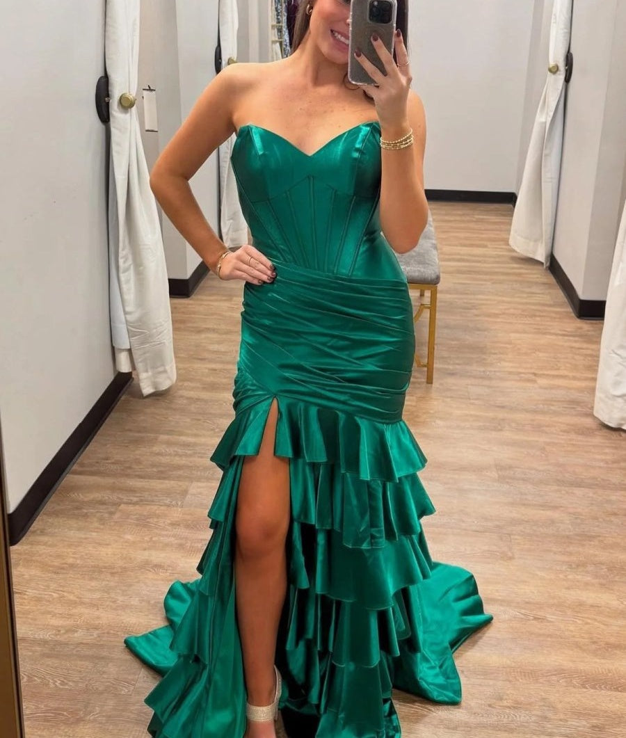 Mermaid Strapless Satin Ruffle Long Prom Dress With Split