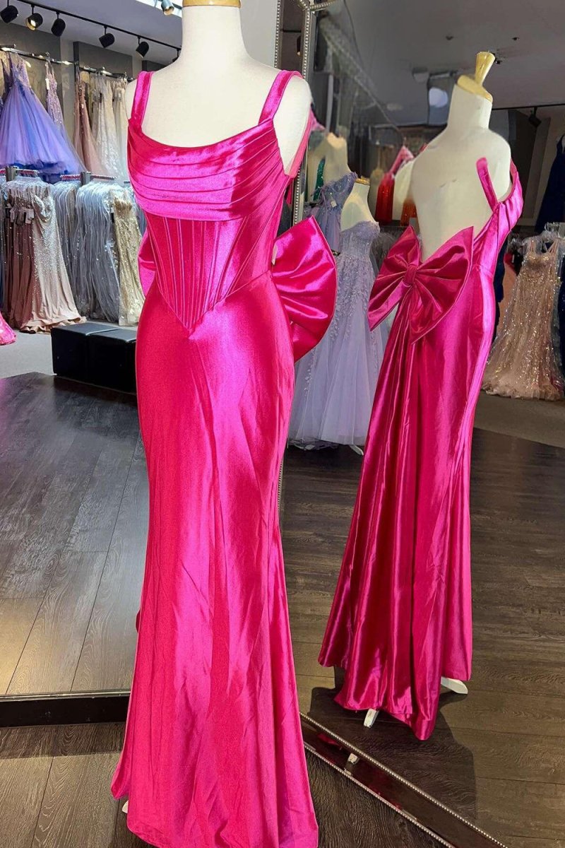 Dolores | Fuchsia Straps Satin Mermaid Formal Gown with Bow