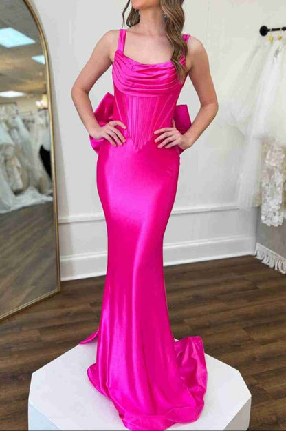 Dolores | Fuchsia Straps Satin Mermaid Formal Gown with Bow