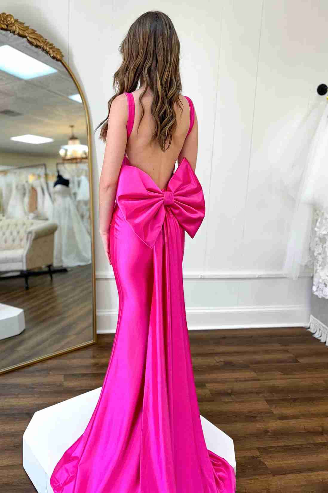 Dolores | Fuchsia Straps Satin Mermaid Formal Gown with Bow