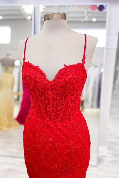 Hot Pink Lace Applique Long Mermaid Dress with Slit