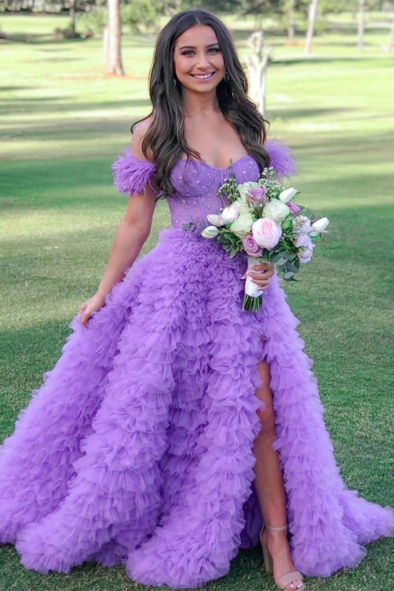 Sevoba|A Line Sweetheart Tiered Tulle Long Prom Dress With Slit