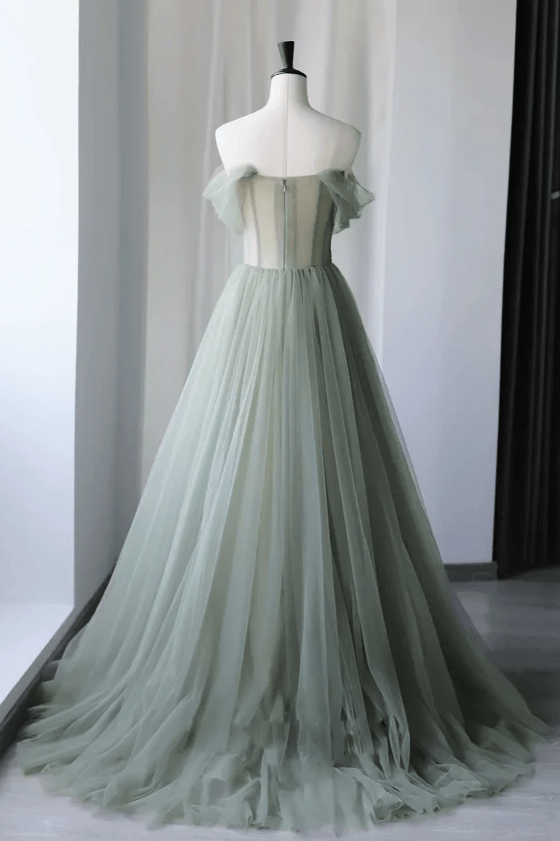 Drusilla | Princess Off the Shoulder Embroidering Tulle Sage Ball Gown