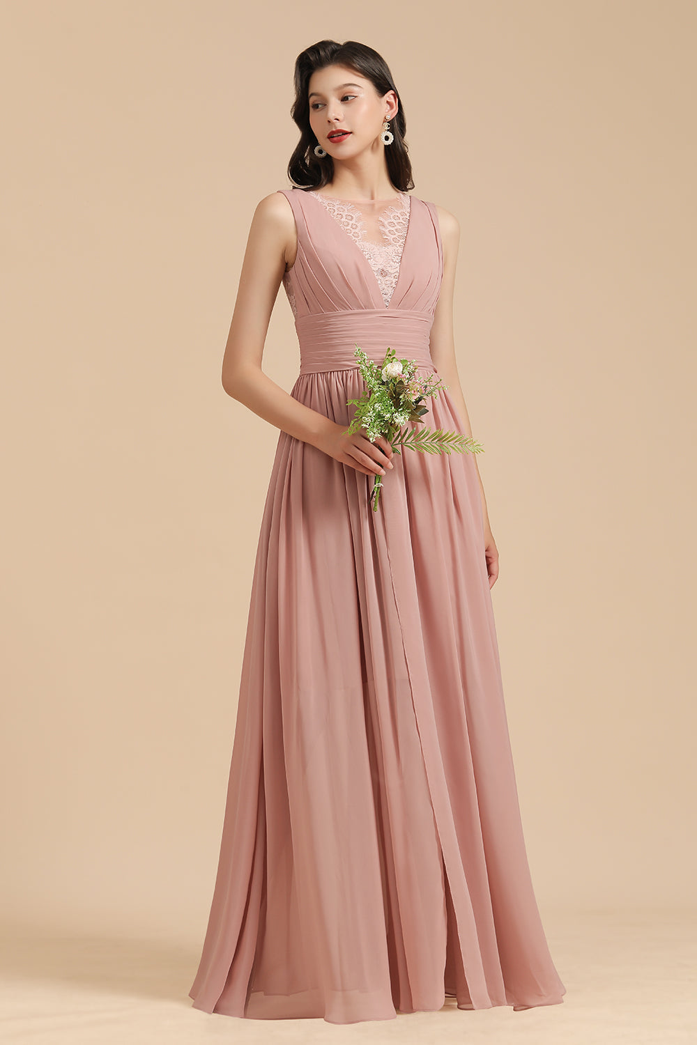 Dusty Rose Chiffon V-Neck Bridesmaid Dresses Long