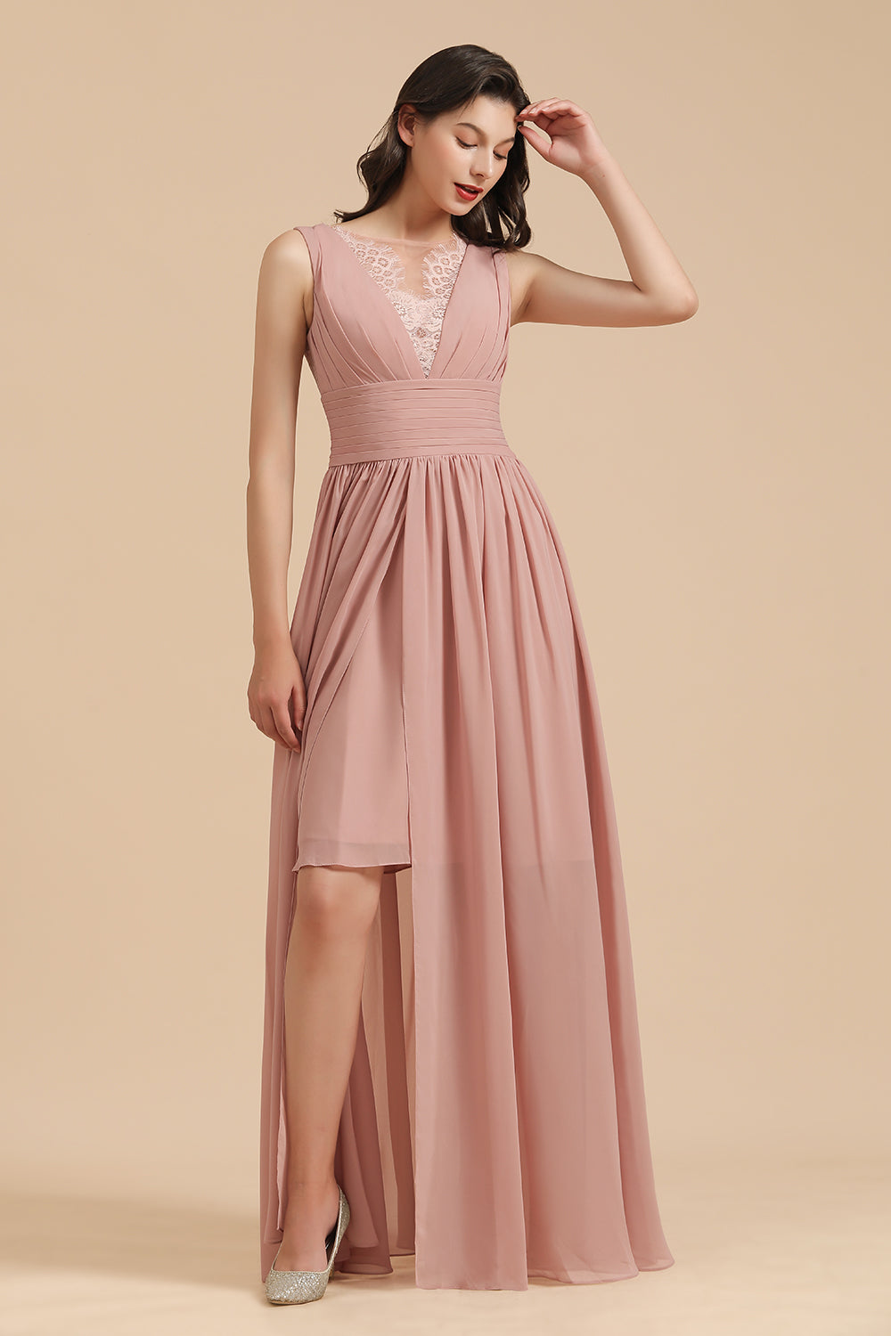 Dusty Rose Chiffon V-Neck Bridesmaid Dresses Long