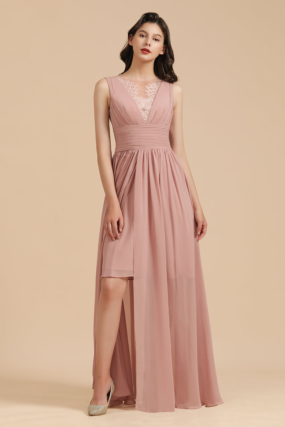 Dusty Rose Chiffon V-Neck Bridesmaid Dresses Long