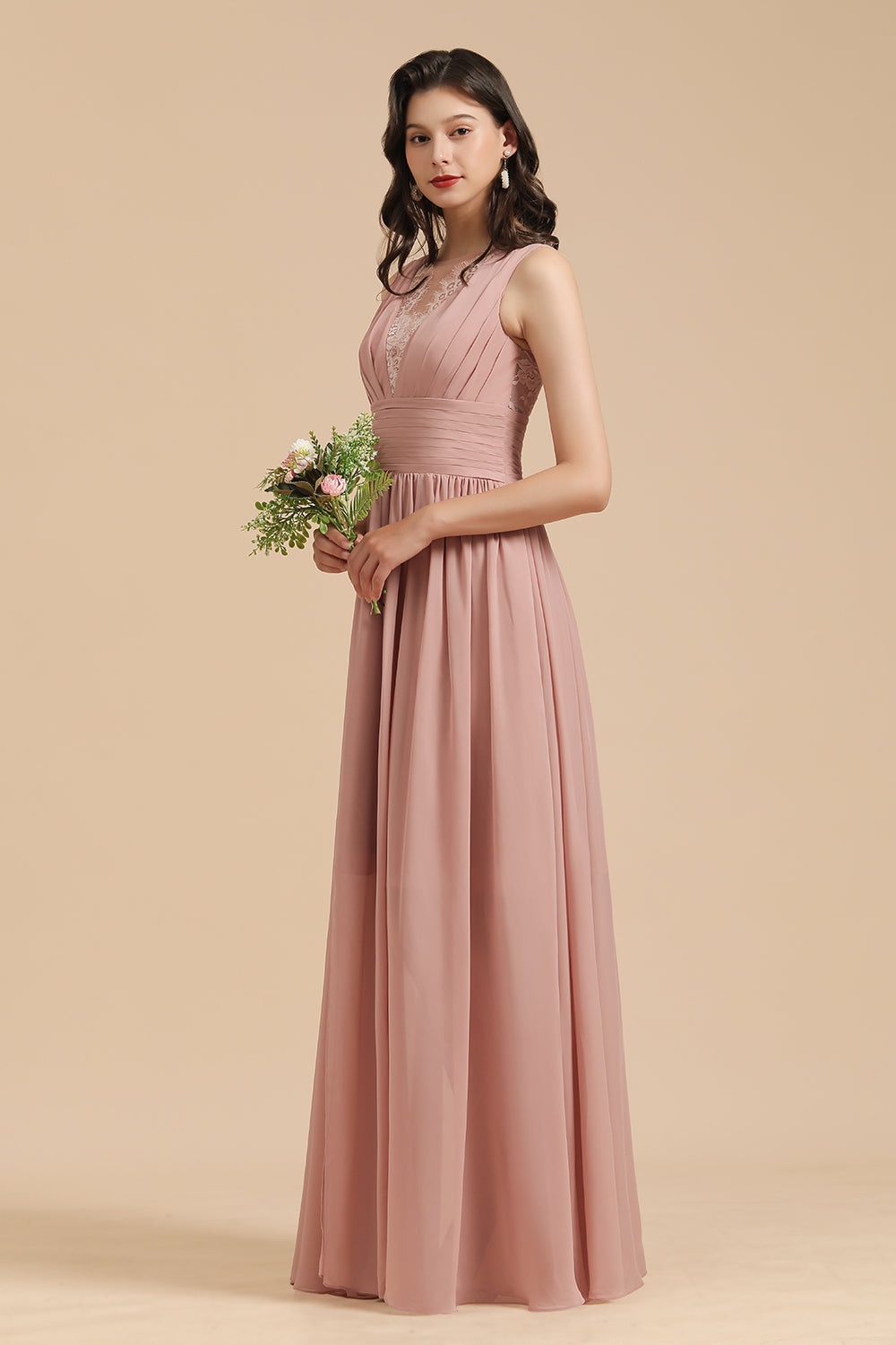 Dusty Rose Chiffon V-Neck Bridesmaid Dresses Long