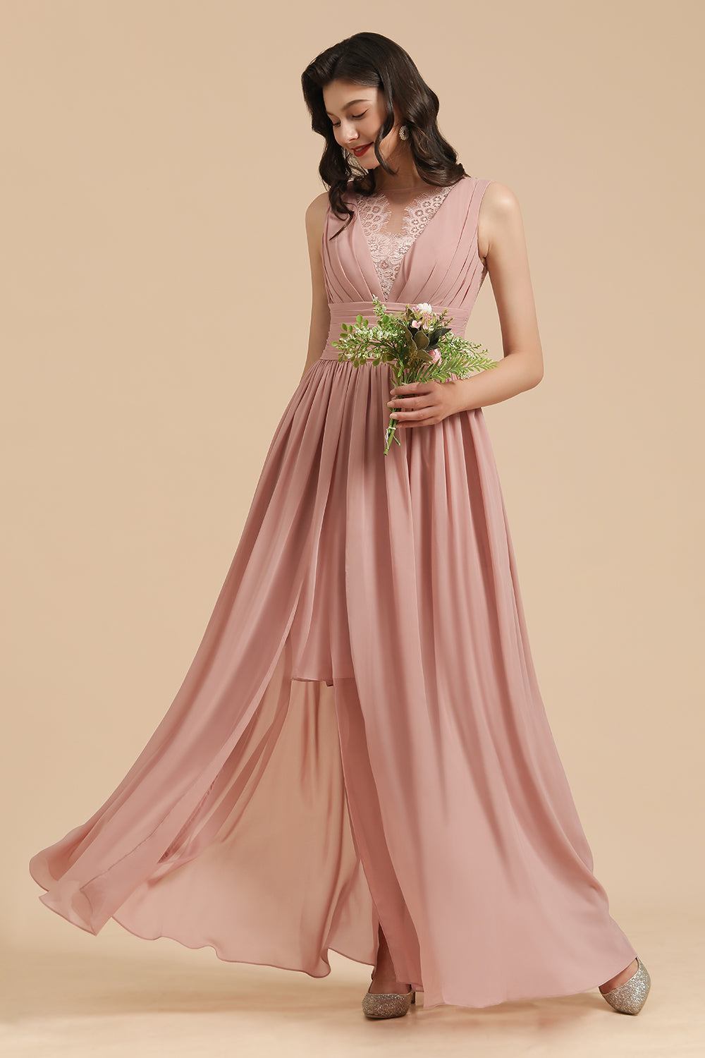 Dusty Rose Chiffon V-Neck Bridesmaid Dresses Long