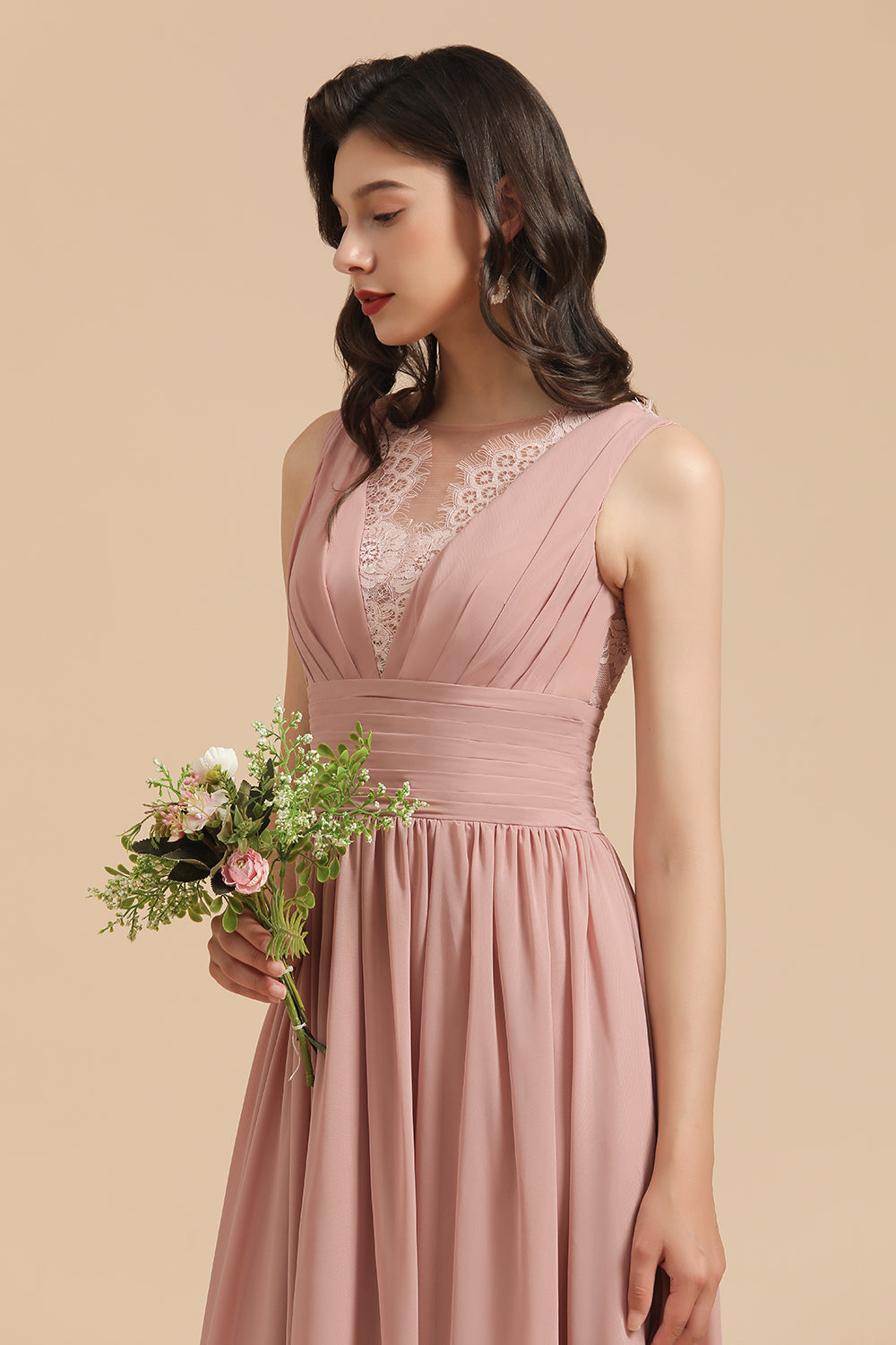 Dusty Rose Chiffon V-Neck Bridesmaid Dresses Long