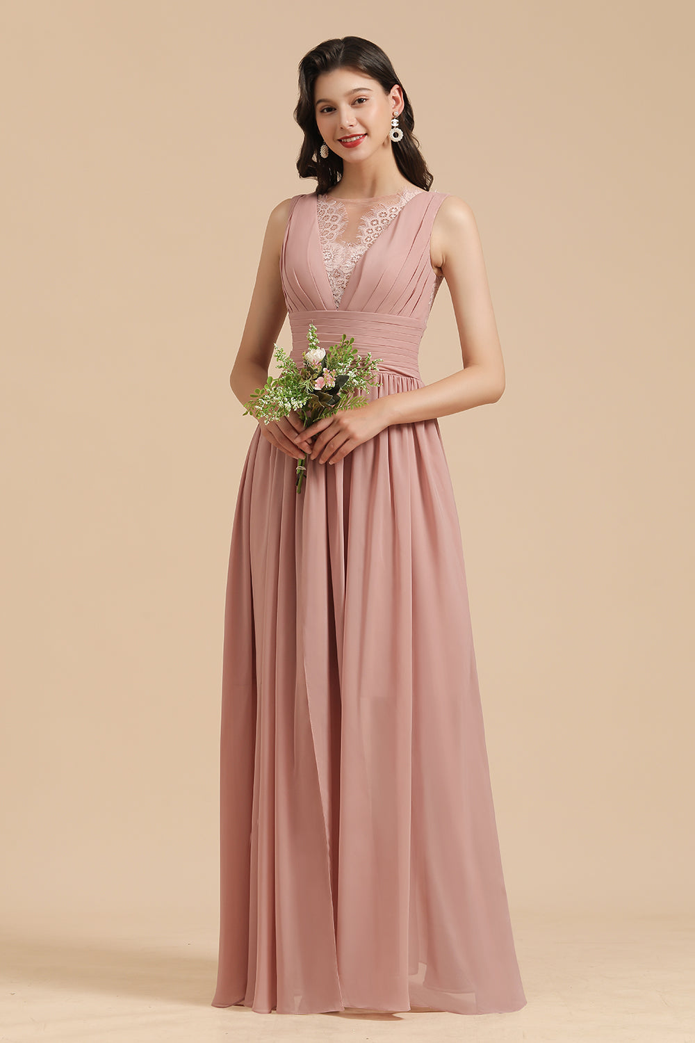 Dusty Rose Chiffon V-Neck Bridesmaid Dresses Long