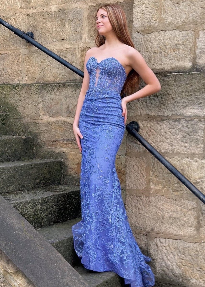 Sevoba|Black Sweetheart Lace Appliques Mermaid Long Prom Dresses