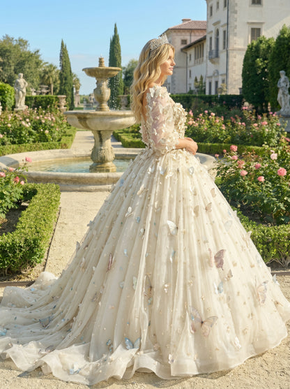 Charming Ball Gown Illusion Long Sleeves Quinceañera Dress With 3D Butterfly | Sevoba