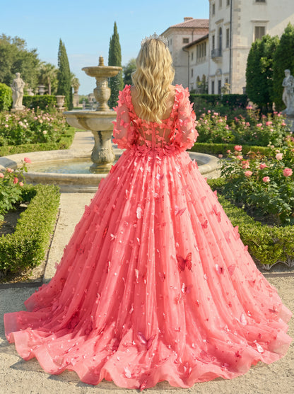 Charming Ball Gown Illusion Long Sleeves Quinceañera Dress With 3D Butterfly | Sevoba