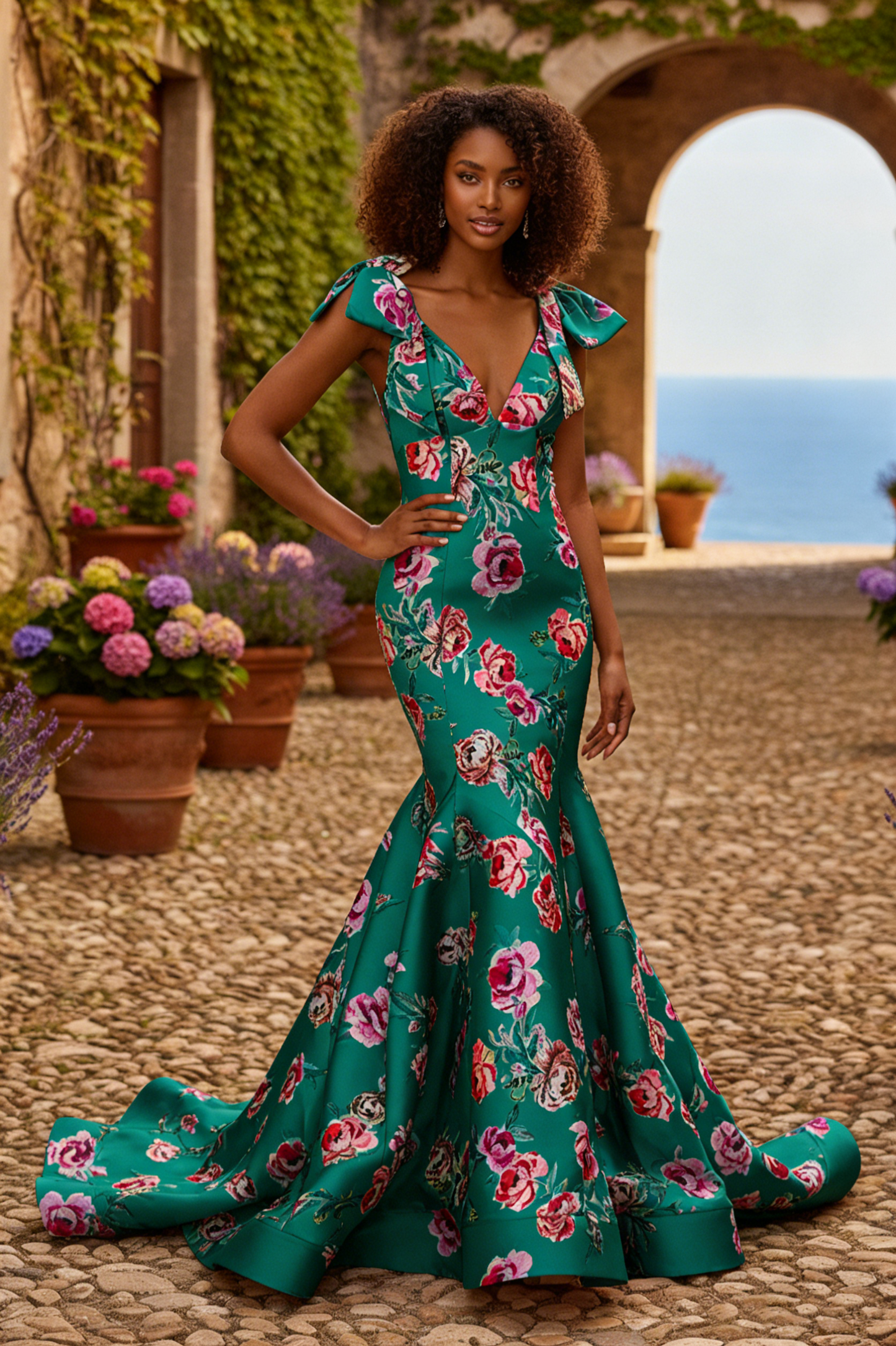 Luxury Deep V-Neck Mermaid Prom Dresses with Pink Floral Print | Sevoba
