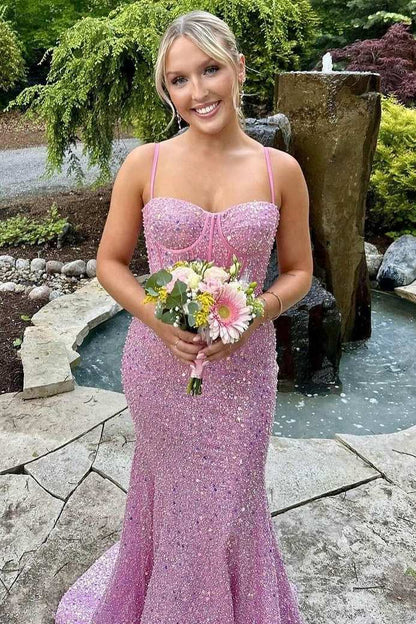 Sevoba|Mermaid Spaghetti Straps Glitter Mermaid Long Prom Formal Dress